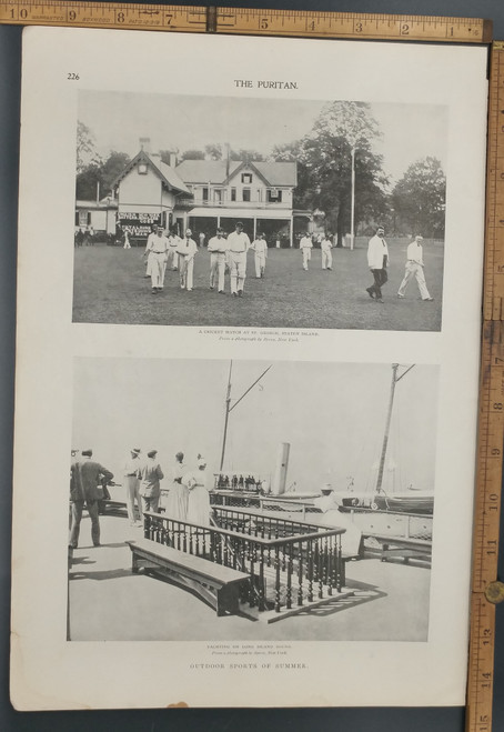 Outdoor sports of Summer: Yachting on Long Island Sound and a cricket match at St. George, Statan Island. Original Antique Puritan print from 1897.