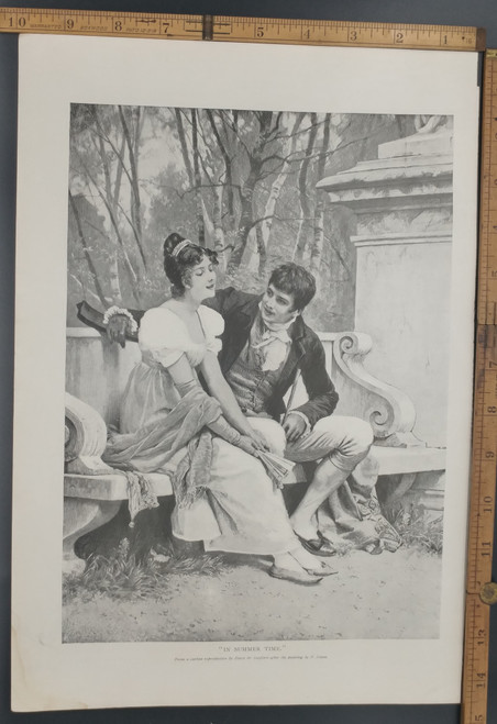 In Summer Time, after the painting by F. Simm. Romantic couple on a bench. Original Antique Puritan print from 1897.