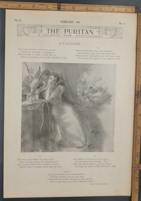 A Valentine poem by Juliet Wilbor Tompkins. A lady talking to a cherub. Original Antique Puritan print from 1898.
