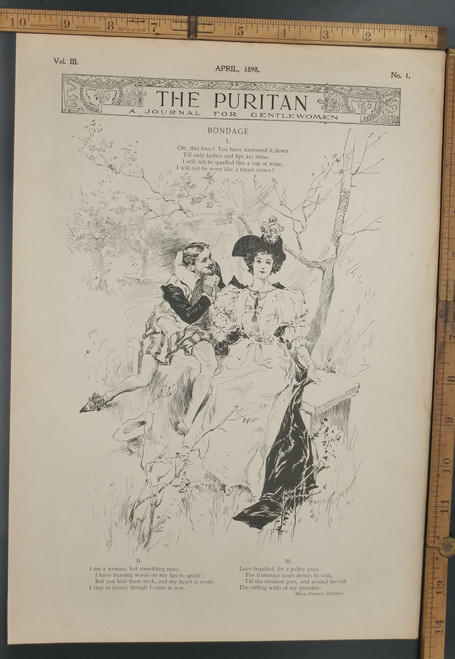 The Puritan a Journal for gentlewomen. Bondage a poem by Mary Frances Osborne. Original Antique Puritan print from 1898.