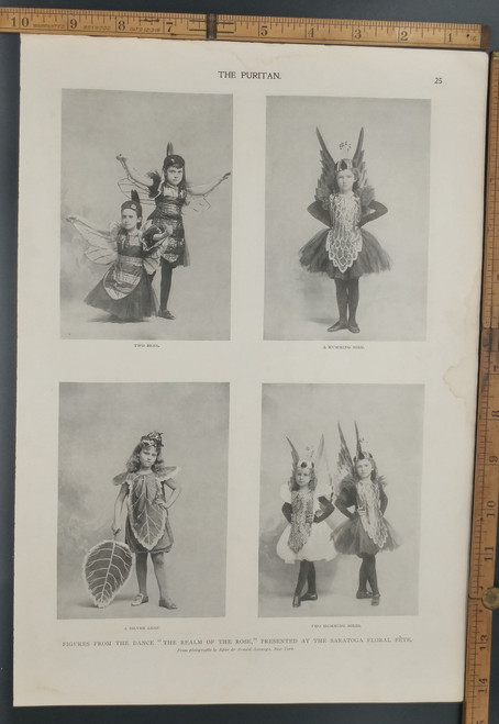 Groups from the dance The Realm of the Rose, presented at the Saratoga floral fete in New York. Young girls dressed up as bees, humming birds and a silver leaf. Really cute pictures from the past. Original Antique Puritan print from 1898.