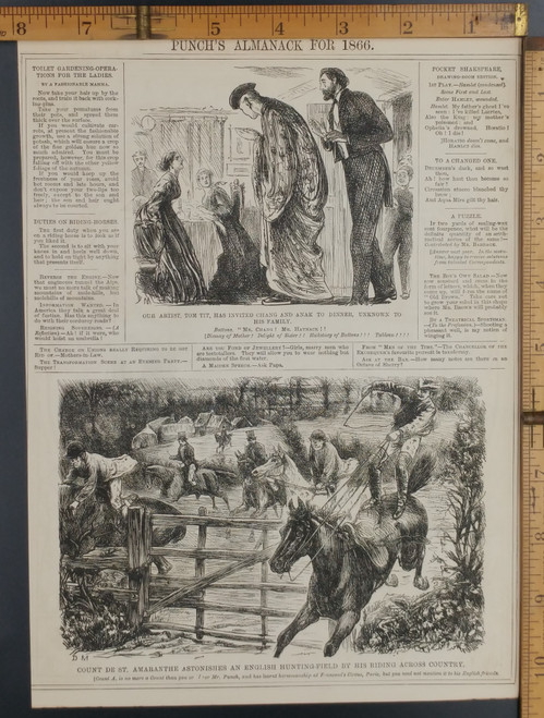 Our artist, Tom Tit, has invited Chang and Anak to dinner, unknown to his family. Count De St. Amaranthe riding horses and jumping fences. Original Antique print from 1866.