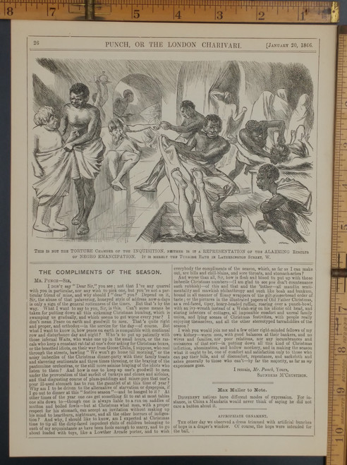 The Turkish bath in Latherington Street. Alarming results of Negro Emancipation. Original Antique print from 1866.