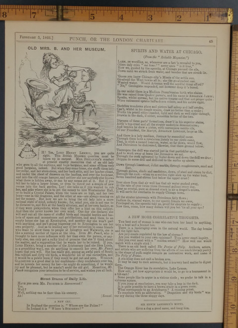 Old Mrs B. and her Museum. M mermaid and her child. Article on spirits and water at Chicago. Original Antique print from 1866.