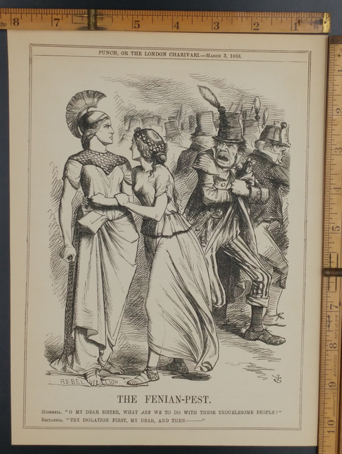 The Fenian Pest. Britannia talking to Hibernia about stomping out rebellion. Original Antique print from 1866.