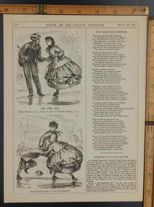 Ice skating and the difference between being helped by someone else and your own brother. The railway despots. Original Antique print from 1866.