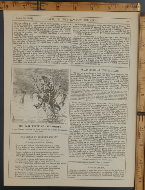 The last month of Jack fishing. A man fishing from up in a tree during a flood. Article on Wild Sport at Willingham. Original Antique print from 1866.