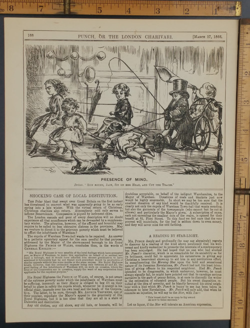 Little boys and girls playing and having fun and a dog too. An article on the shocking case of local destitution. Original Antique print from 1866.