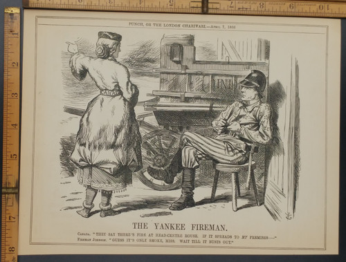 The Yankee Fireman, Canada and Fireman Johnson. Original Antique print from 1866.