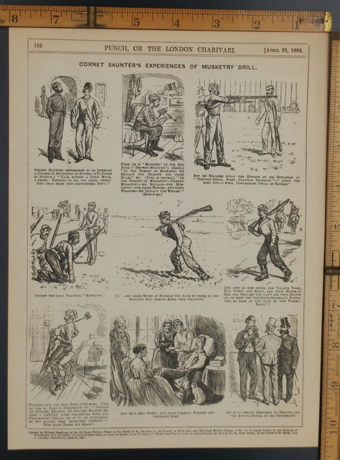 Cornet Saunter's experiences of musketry drill. Not cut out for the military. Original Antique print from 1866.