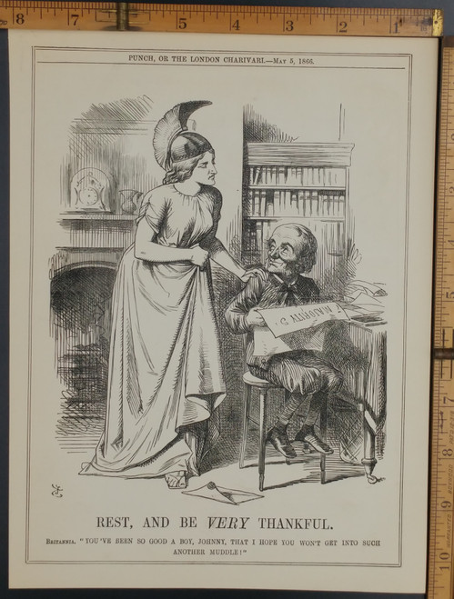 Rest and be very thankful. Britannia talking to Johnny. Original Antique print from 1866.