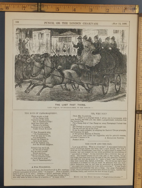 The last fast thing, Lady O'Brian, of Boyce-Gilbert to the rescue! Horses pulling a wagon. The boys of Passamaquoddy. Original Antique print from 1866.