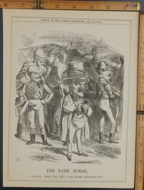 What will that dark horse Napoleon do. Punch at the horse Derby. Original Antique print from 1866.