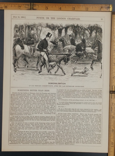 Demoralisation of our West-End correspondent, after the late Rotten-Row controversy. Article, "Something better than beef", eating horse flesh. Original Antique print from 1866.