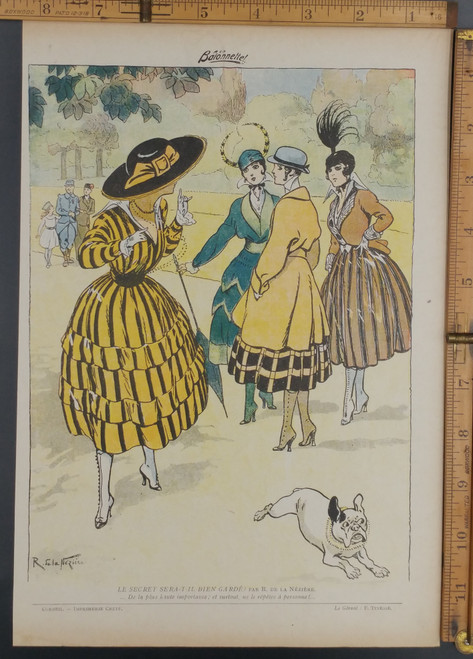 Parisienne fashion. Will the secret be well kept? A cute little dog running. Original WWI Antique print from 1915.