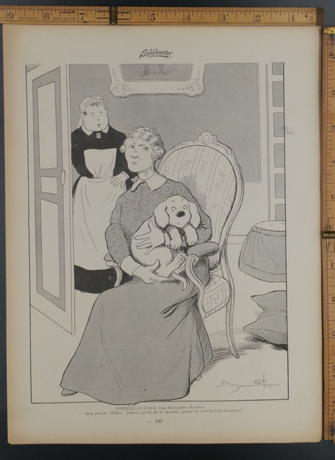 Sombre Avenir, par Benjamin Rabier. An old lady and her dog. My poor Medor ... I hope they leave it to me, when we do the mass survey! Original WWI Antique print from 1915.