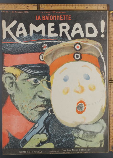 Kamerad by Maurice NEUMONT. A German soldier hidden behind a mask and holding a pistol. Original WWI Antique print from 1915.