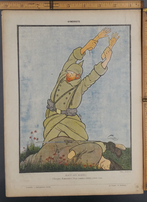 Cartoon, Hands up! German soldier holds his wives' severed hands, calling on the enemy not to shoot, we are soldiers like you. Original WWI Antique print from 1915.