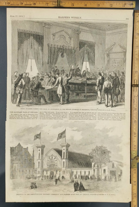 NorthWestern sanitary commission and soldiers home fair Chicago Illinois. Rebel soldiers taking the oath of allegiance in the Senate chambers at Richmond Virginia. Original Engraving 1865.