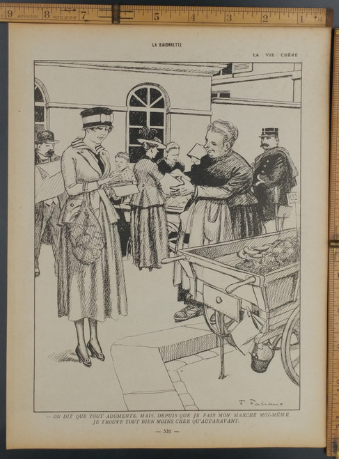 Art by Fabien Fabiano. They say that everything is increasing but, since I have been doing my own walking, I find everything much cheaper than before. Original WWI Antique print 1916.