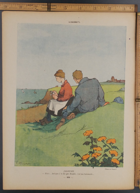 Jealousy by artist Hautot. But .. since I tell you that Rosalie is my bayonet. A couple at he ocean side. Original WWI Antique print from 1916. 