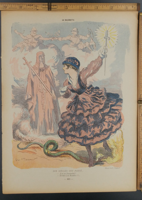 Ten centuries have passed. Drawing by G. Meunier. Woman stepping on a snake wearing a German pickelhaube helmet. I had Durandal! And I have Rosalie. Original WWI Antique print from 1916. 