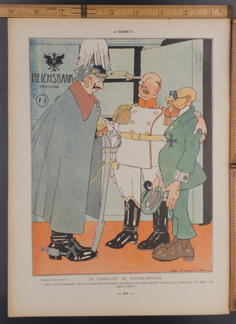 Le fabricant de superkamelote by Zygismund Brunner. Cartoon of German generals and the Reichs Bank. Original WWI Antique print from 1916. 