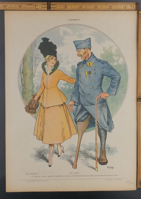 Un Sage by Chéri Hérouard. Amputee soldier and his godmother. A decorated man and lovely woman. Original WWI Antique print from 1916. 