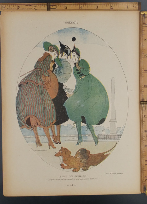 Ils ont des oreilles! Art by Gerda Wegener. Fashionable French women scared Dachshunds might be German spies. Original WWI Antique print from 1916. 