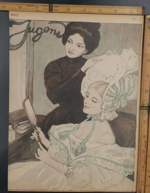 German fashion, two women and a hand mirror. Original Antique German Jugandstil print from 1902.