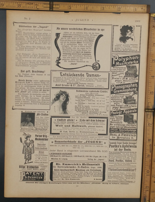 Variety of old German advertisements: Pariser Orig Maskenbilder, Dr. Emmerich's Heilanstalt, Polyphon Musikwerke and Phonographen Grammophone. Original Antique German Jugandstil print from 1902.