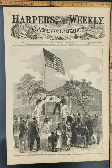 Preparing the American Eagle in front of the United States legislation at Honolulu, Sandwich Islands. Original Print 1865.