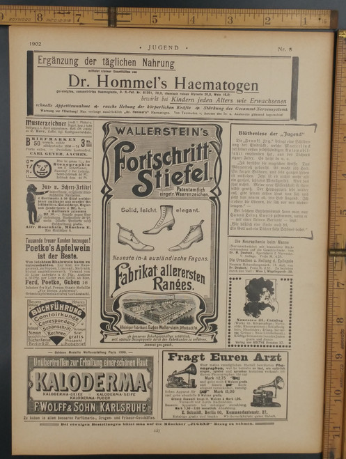  Antique advertisements: Kaloderma, Fragt Euren Arzt, Stenographie and Wallerstein's Fortschritt-Stiefel. Original Antique German Jugendstil print from 1902.