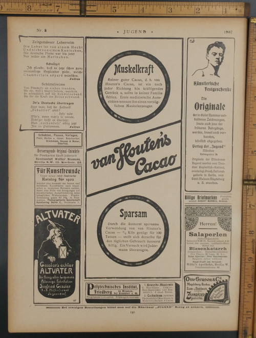 Antique advertisements: Van Houten's Cacao, Kunstlerische Festgeschenke, Salaperlen and Alvanter. Original Antique German Jugendstil print from 1902.