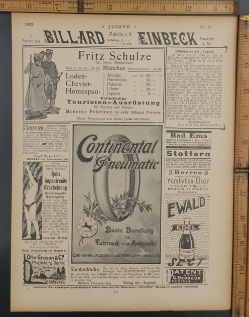 Antique advertising: Continental Pneumatic bicycle and car tires,  Fritz Schulze and Ewald Edel. Original Antique German Jugendstil print from 1902.