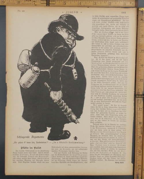 A large man with a whistle and hat. Strong arguments. Where do G'denn go, but were? In a liberal collection. Original Antique German Jugendstil print from 1902.