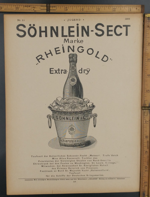 Söhnlein-Sect Marke Rheinggold Extra Dry wine. Full page advertisement. Original Antique German Jugendstil print from 1902.