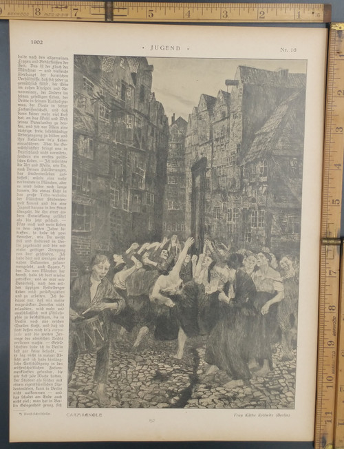 The Carmagnole by Käthe Kollwitz. Revolutionary fervor of a mostly female crowd. Original Antique German Jugendstil print from 1902.