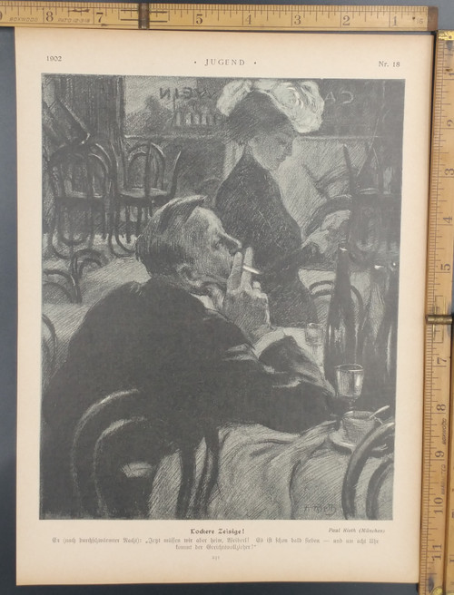 Lockere Zeisige!  by Paul Rieth. An older man smoking. Original Antique German Jugendstil print from 1902.