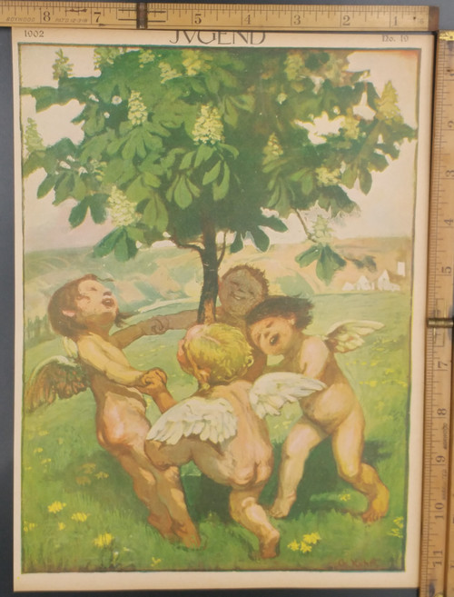 Jugend cover with 4 naked cherubs dancing around a tree. Original Antique German Jugendstil print from 1902.