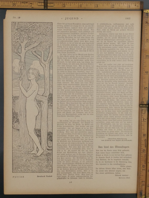 Psyche by Bernhard Pankok. A naked woman against a tree. Original Antique German Jugendstil print from 1902.