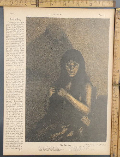 Ein Schatten by Ein Schatten. A beautiful long haired woman with a skull in the shadows. Original Antique German Jugendstil print from 1902.