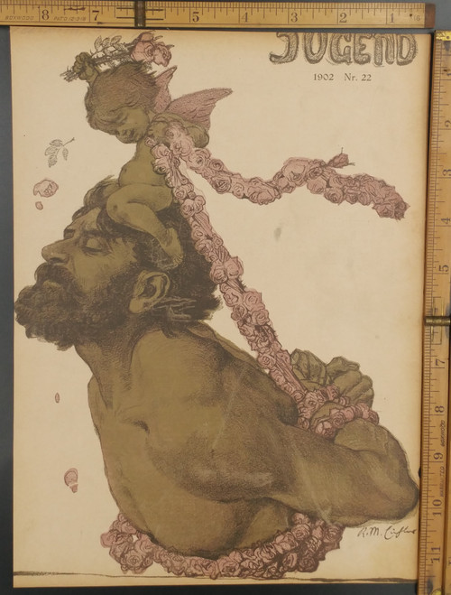 Cover of Jugend by Reinhold Max Eichler. A cupid with a man with his hands bound by flowers. Original Antique German Jugendstil print from 1902.