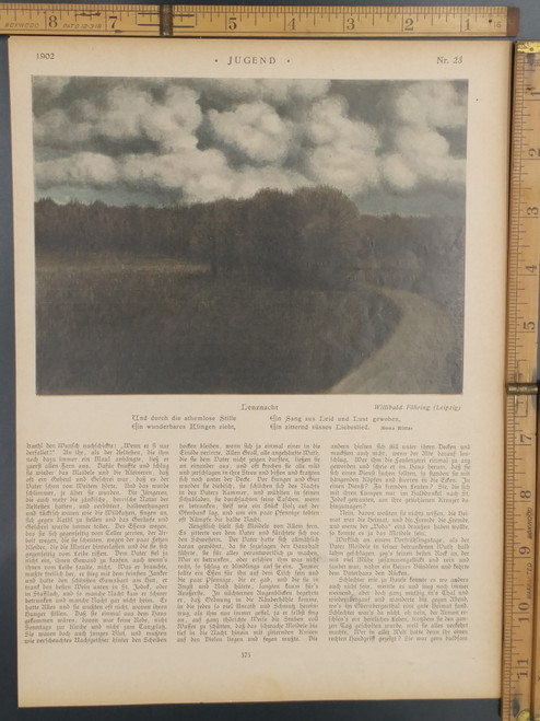 Lenznacht(Spring Night) by Willibald Fohring. Clouds, trees and a field. Original Antique German Jugendstil print from 1902.