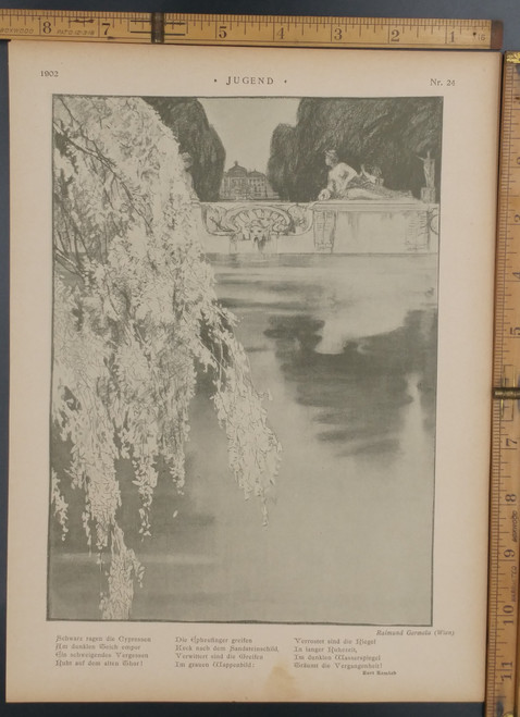 Art by Raimund Germela. Trees over water and a mansion. Original Antique German Jugendstil print from 1902.