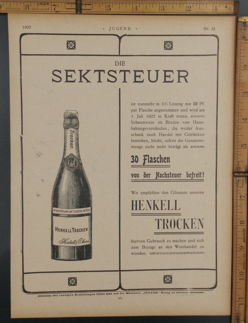 Antique advertising: Henkell Trocken sparkling wine. Die Sektsteuer.  Original Antique German Jugendstil print from 1902.