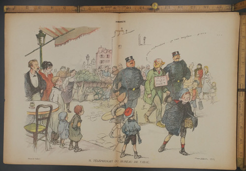 Il telephonait du bureau de tabec. A war spy being taken through the streets with kids watching, art by Poulbot. Original WWI Antique French print.