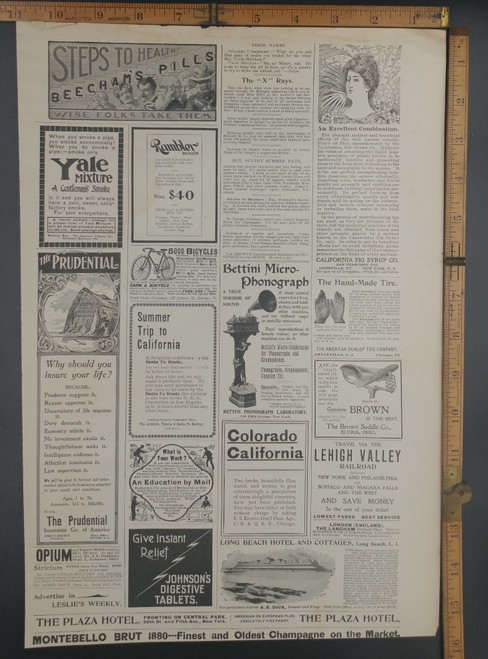 Antique ads : Beechman's pills wise folks take them, Dunlap Tire,  Rambler Bicycle, Prudential, Plaza Hotel NY, Brown Saddle Co. and opium. Bettini Micro phonographs and Johnson digestive tablets. Original Antique print from 1899.