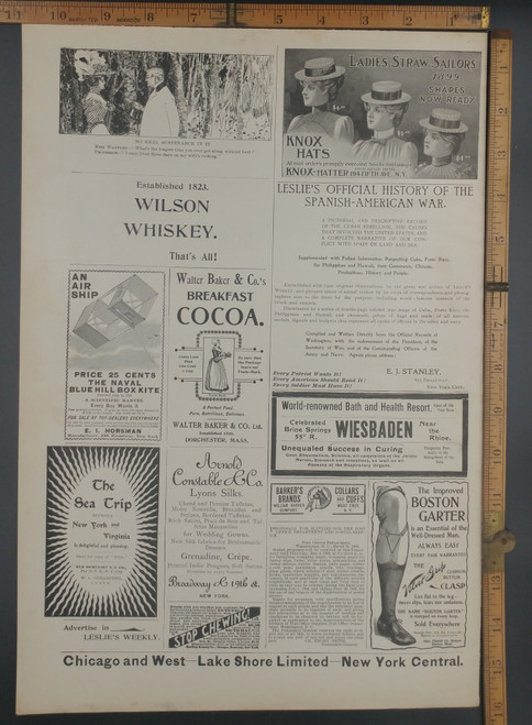 Antique ads : Boston Garter, early kite advertisement, Wilson Whiskey, Knox Hats, Walter Baker Cocoa and Wiesbaden. The Naval Blue Hill Box Kite. Original Antique print from 1899.