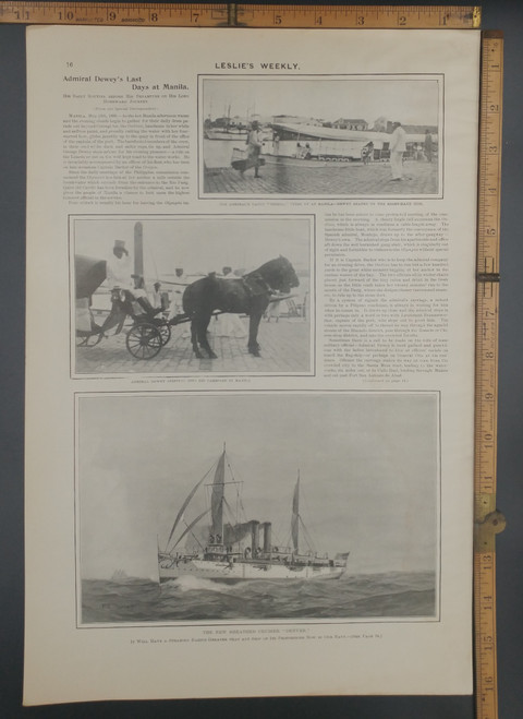 Admiral Dewey Last Days at  Manila. The Yacht Ondina and a carriage. New Sheathed Cruiser Denver. Original Antique print from 1899.